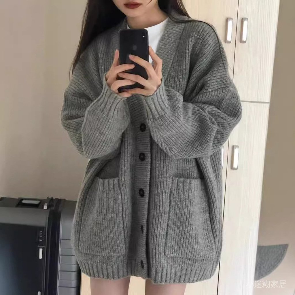 免運 臺灣出貨 針織衫女 高級感灰色慵懶風針織毛衣外套開衫女新款春秋裝中長款上衣潮 NTIG