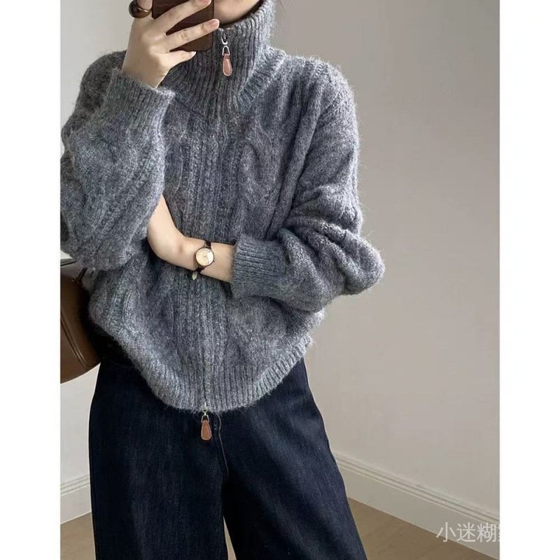 免運 臺灣出貨 秋冬毛衣女 秋冬季穿搭慵懶風高領毛衣女士新款雙拉鏈設計感開衫上衣外套 ED5V