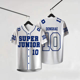 SUPER JUNIOR Team Member V領白色開衫棒球外套運動上衣球衣舒適透氣百搭上衣