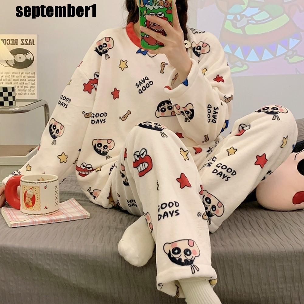 SEPTEMBER珊瑚絨睡衣,絲絨睡衣波查科女士睡衣套裝,皮皮貓甜筒捲曲麪包蠟筆小新保暖加厚家居服