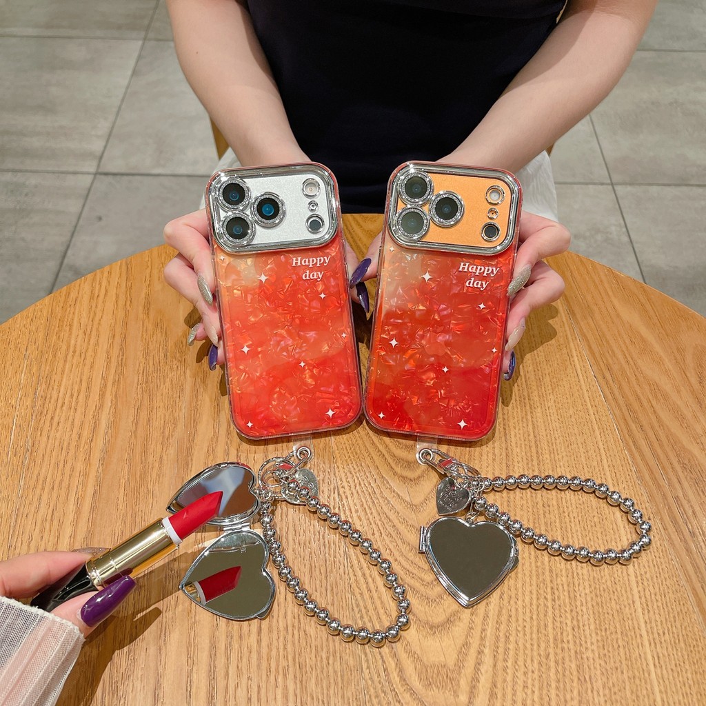 臺灣出貨👑適用iphone17手機殻蘋果16proMax貝殻紋暈染橙17保護殻13鏡子手17promax鏈手機殻14