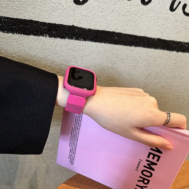 下殺價-新款玫紅色米蘭尼斯錶帶AppleWatch適用蘋果錶帶錶殼S7/S8/Ultra 41mm 44mm 45mm