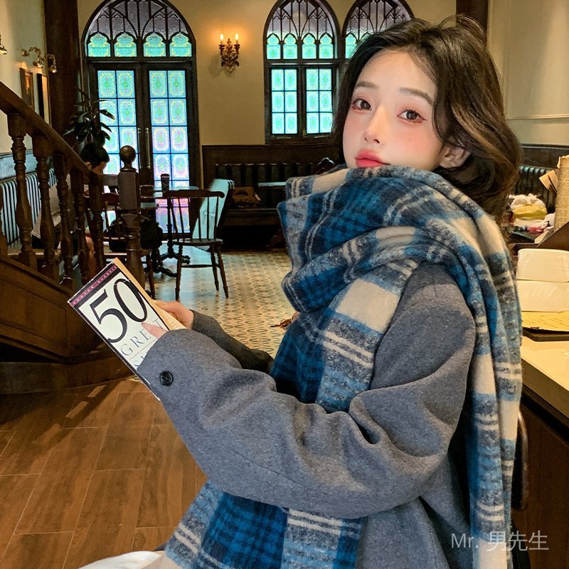 【MR.男先生】臺灣出貨 免運 秋冬圍巾 新品百搭圍巾女 韓係氛圍感 冬季保暖 防風 防凍克萊因 藍色格子圍脖