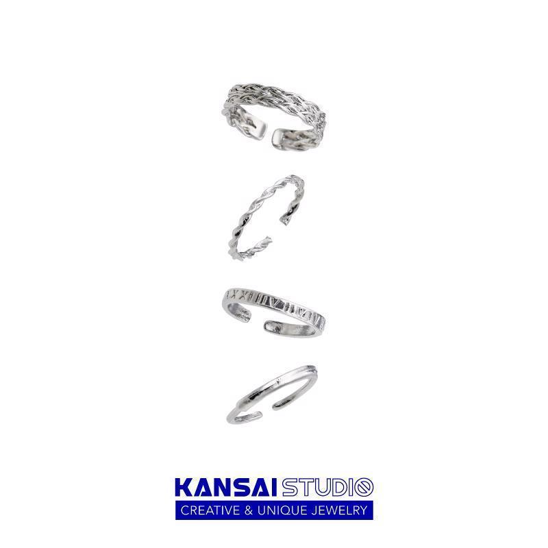 kansai情侶麻花開口設計四件套裝戒指冷淡風酷潮指環可調節手