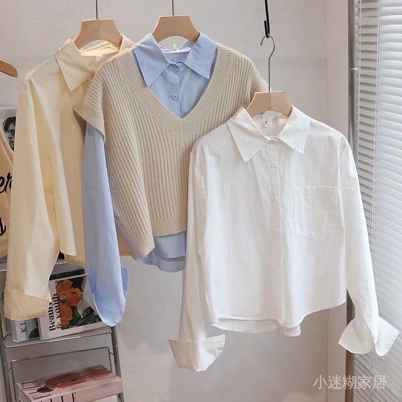 免運 臺灣出貨 秋冬長袖女 短款襯衫女秋冬新款小個子內搭疊穿襯衣長袖計感小衆白色上衣 7TXW