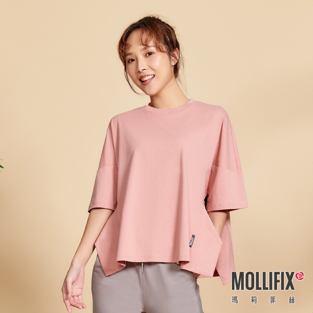 Mollifix 瑪莉菲絲 寬版不規則下擺短袖上衣 (粉)瑜珈上衣、瑜珈服