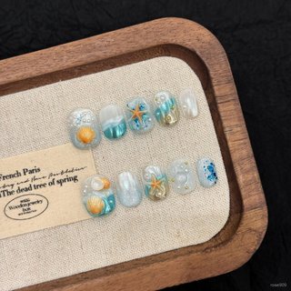 💟加一手工甲💅🏻藝禾穿戴甲【海風絮語】夏日浪漫海嶼貝殻夏日海灘短款美甲假指甲純手工穿戴甲 C0X8