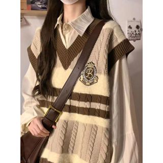 【針織馬甲】限時特惠 日系學院復古條紋針織毛衣 馬甲背心學生寬鬆POLO領長袖襯衫兩件套 休閒保暖 無袖針織內搭衣 馬甲
