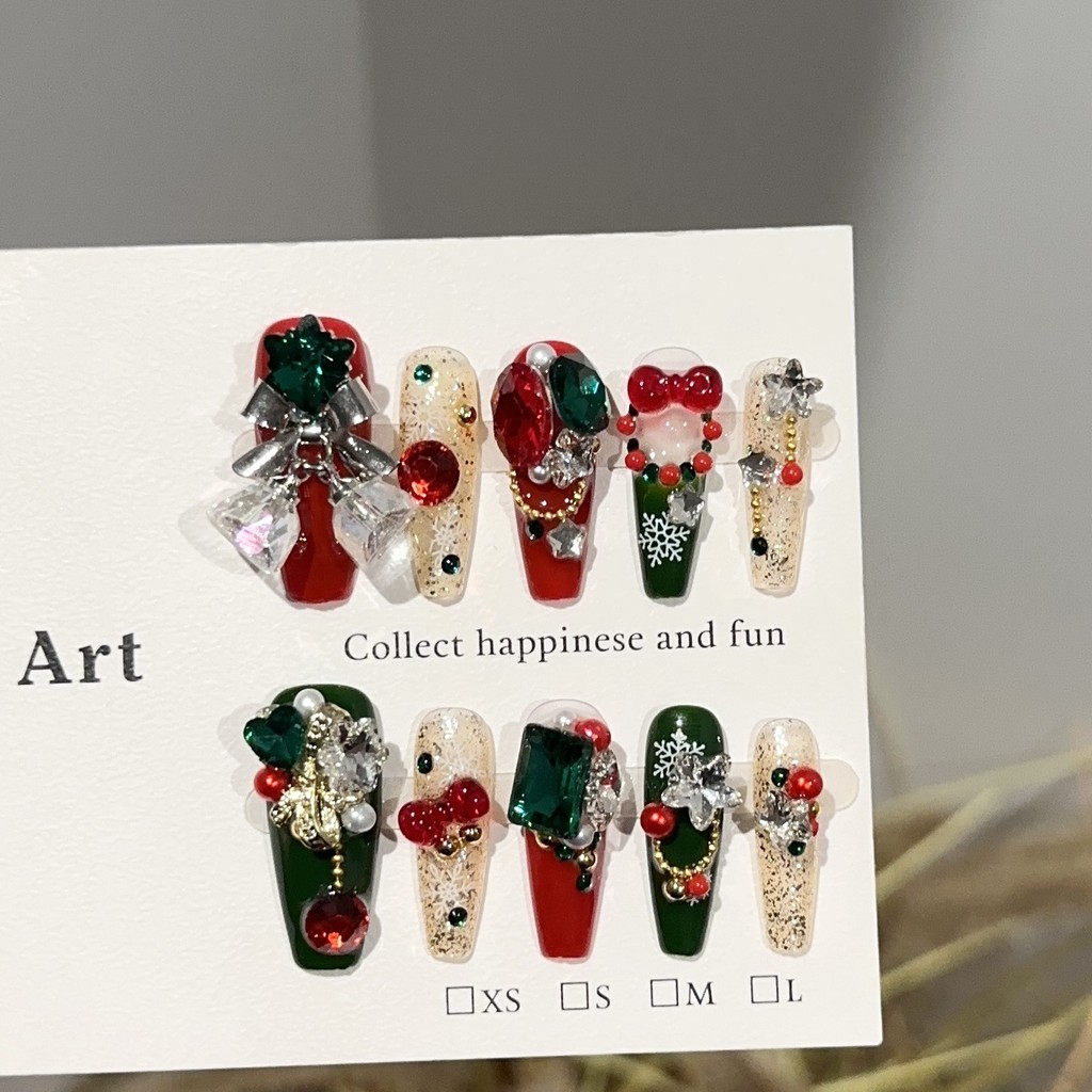 純手工穿戴甲高級感聖誕節紅綠色美甲片歐美風鈴鐺重工假指甲貼片 【Nancy的小店】