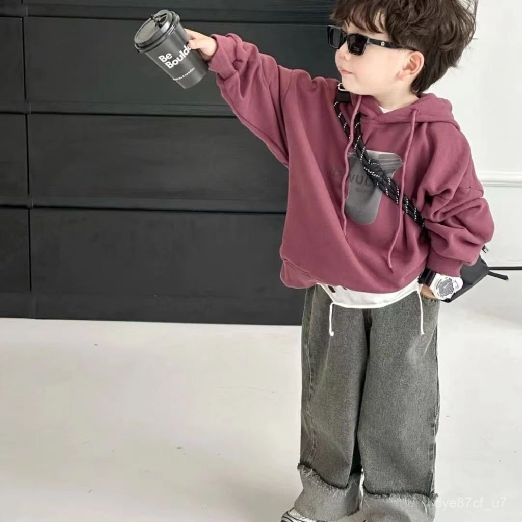 喵咪咪童裝【免運+全店促銷】兒童套裝秋季新款韓版男童洋氣印花衛衣寶寶複古牛仔褲兩件套