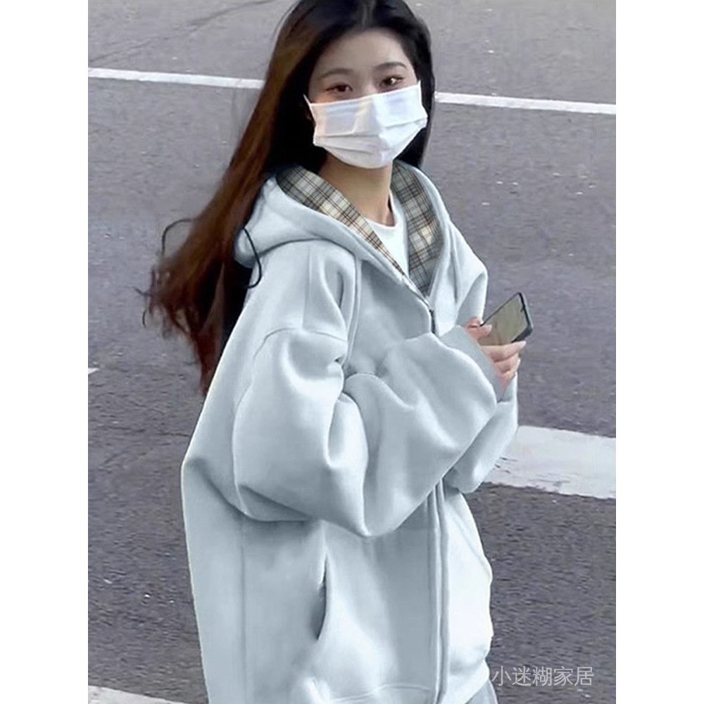 免運 臺灣出貨 秋冬長袖女 藍色外套女春秋款韓係慵懶風厚衛衣女款初秋新款秋冬加絨加厚 SL2K