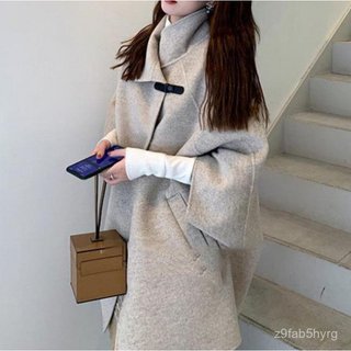 亞哈比比💜 女裝日係大衣秋冬新韓版女裝休閒中長款毛呢外套鬥篷式