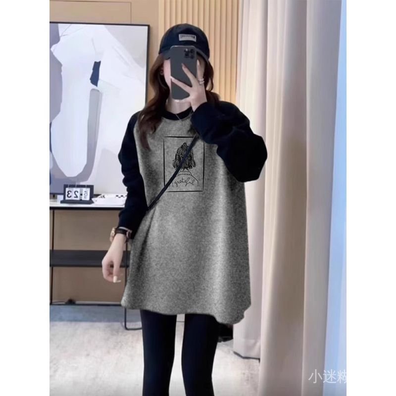 免運 臺灣出貨 秋冬長袖女 配鯊魚褲的長款T恤女百搭寬鬆內搭秋冬加薄絨洋氣顯瘦遮屁股上衣 ZGLV