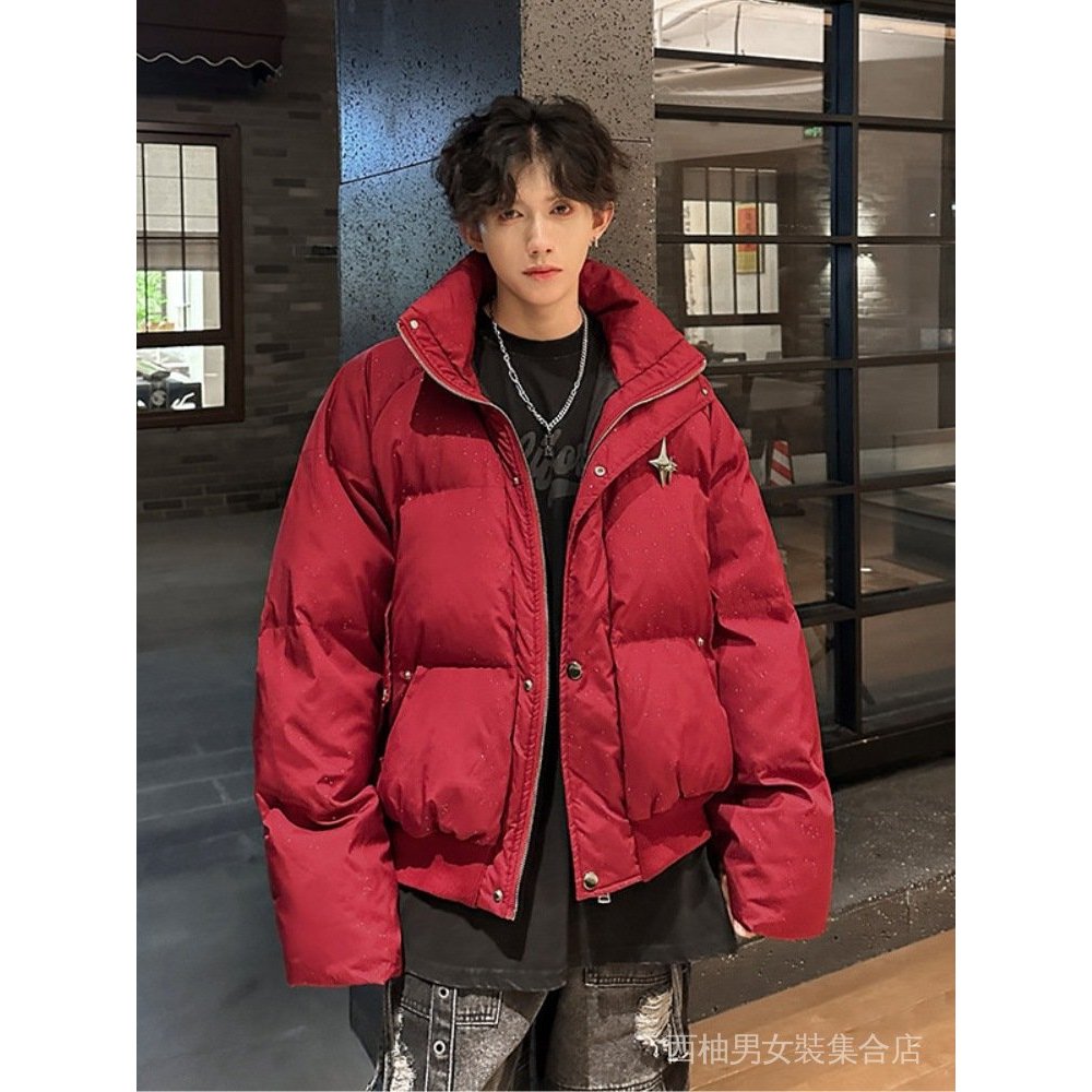【ASDF】臺灣出貨 免運 羽絨棉服男 滿天星紅色羽絨棉服男冬季加厚保暖麵包服美式高街設計感痞帥外套 EGMP