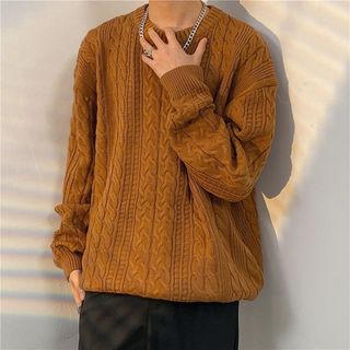 日系麻花長袖毛衣男女款 加厚寬鬆圓領線衣內搭ins潮秋冬季針織衫