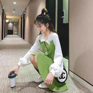「大碼臻選 」秋季洋裝春秋新款牛油果綠長袖連衣裙女中長款polo領小眾法式甜美韓版裙子設計款 顯瘦遮肚子連身裙 大碼女裝