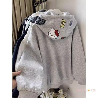 🍂秋冬上新 韓系重磅連帽衛衣 美式復古休閒百搭外套 【刺繡】貓刺繡連帽衛衣女秋冬季加絨美式開衫