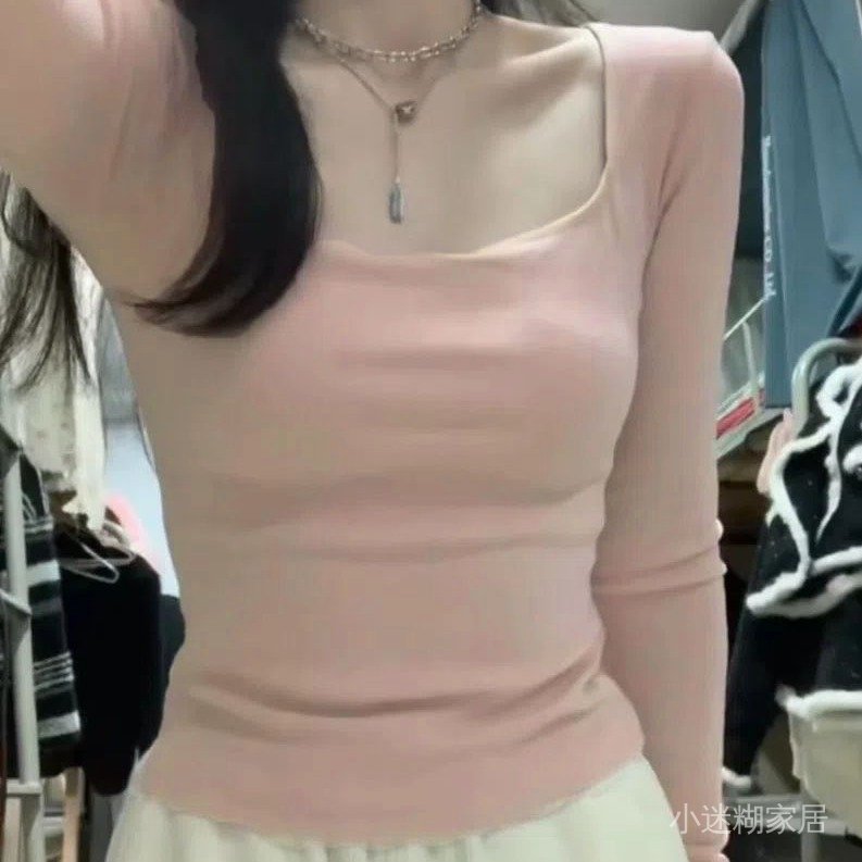 免運 臺灣出貨 秋冬長袖女 德絨方領長袖T恤女內搭秋冬加厚軟糯辣妹純慾風打底衫保暖上衣潮 WLNS