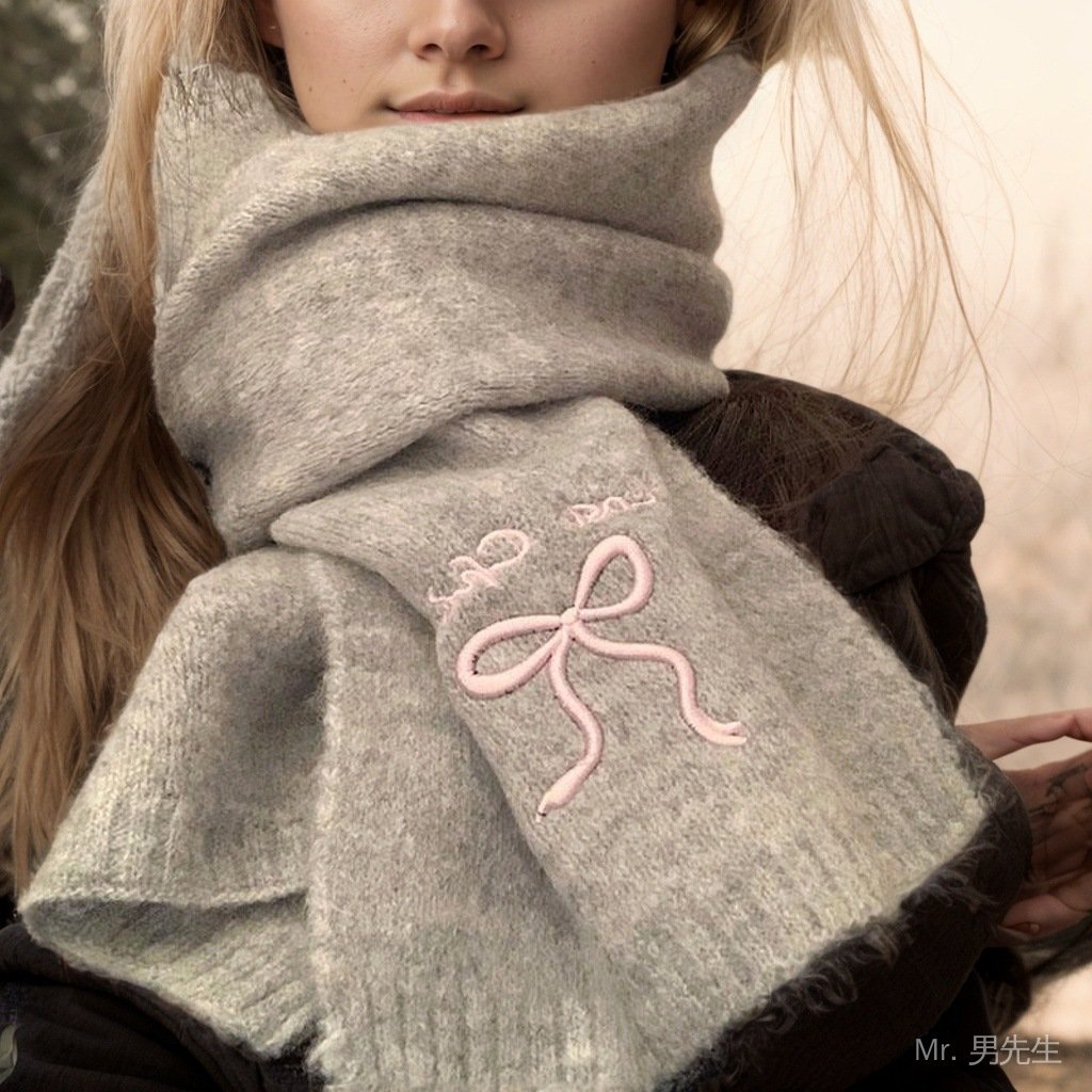【MR.男先生】臺灣出貨 免運 秋冬圍巾 可愛蝴蝶結針織圍巾女年冬季韓係氛圍感百搭保暖學生護頸圍脖 BSEC