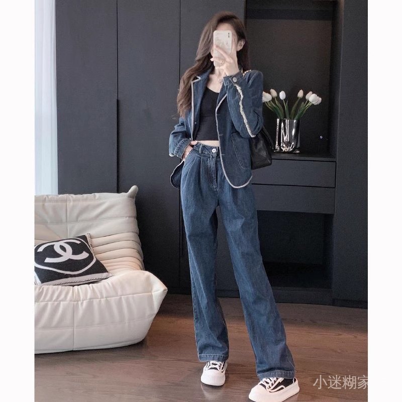 免運 臺灣出貨 秋冬休閒套裝女 高級感時尚牛仔套裝女秋季新款休閒洋氣闊腿褲秋裝搭配一整套 UI9Y