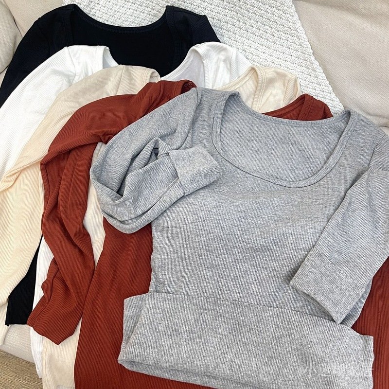 免運 臺灣出貨 秋冬長袖女 秋冬新款磨毛長袖T袖保暖內衣女一體胸墊防寒加厚內搭方領打底衫 CZO8