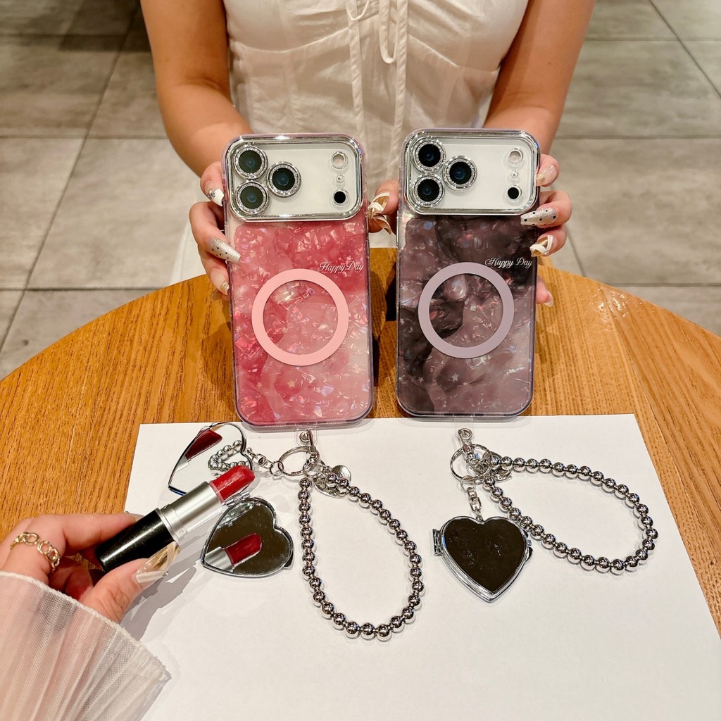 臺灣出貨👑適用蘋果係列iPhone17新款手機殻17promax時尚貝殻紋磁吸15promax銀灰色閃粉鏡頭保護套