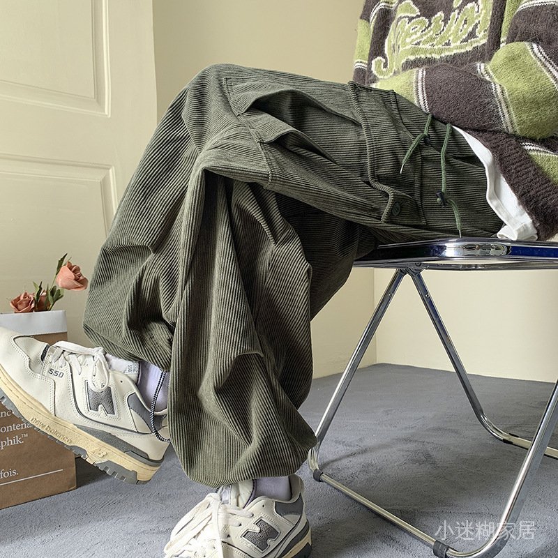 免運 臺灣出貨 工裝褲男 美式燈芯絨工裝褲男款秋冬季加絨潮牌休閒大碼褲子直筒寬鬆闊腿褲 ODL5