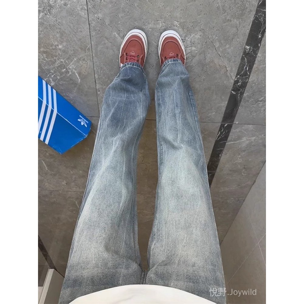 臺灣發貨閃電竹節紋牛仔褲男直筒寬鬆美式高街褲子潮流百搭複古微喇叭褲1111 NP05