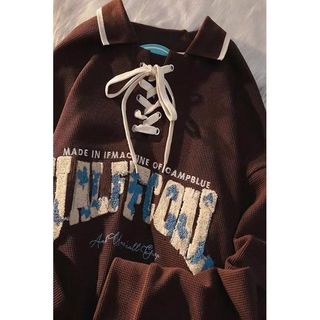 【美式復古】衛衣 寬鬆上衣 大碼上衣女 大尺碼衛衣 華夫格 字母刺繡 長袖 Polo衫 男女 秋季 寬鬆 百搭 情侶裝