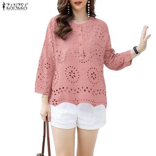 ZANZEA 女式韓版時尚休閒圓領 3/4 袖鏤空刺繡波浪下擺純色寬鬆上衣