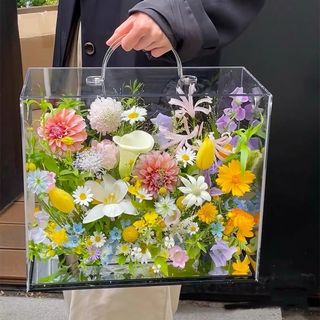 臺灣出貨 透明展示盒 花束包裝盒 壓克力盒 壓克力花盒 花籃透明鮮花手提箱亞克力禮物盒簡約禮物花盒花束花籃花瓶防水籃