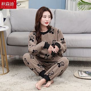 秋冬 睡衣 女 法蘭絨 加厚 長袖 韓版 可愛 大碼 珊瑚絨 冬季 女士 家居服套裝
