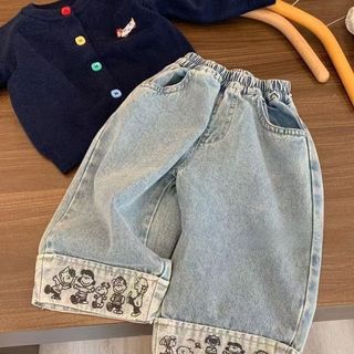 Mimo⭐韓版兒童趣味印花翻邊春季牛仔褲女寶寶寬鬆休閒褲子