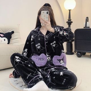 【M-8XL大尺碼女著】胖妹妹女裝 保暖睡衣 冬季睡衣 300斤冬季法蘭絨睡衣女寬鬆長袖長褲ins風卡通甜美鈕釦外出家居