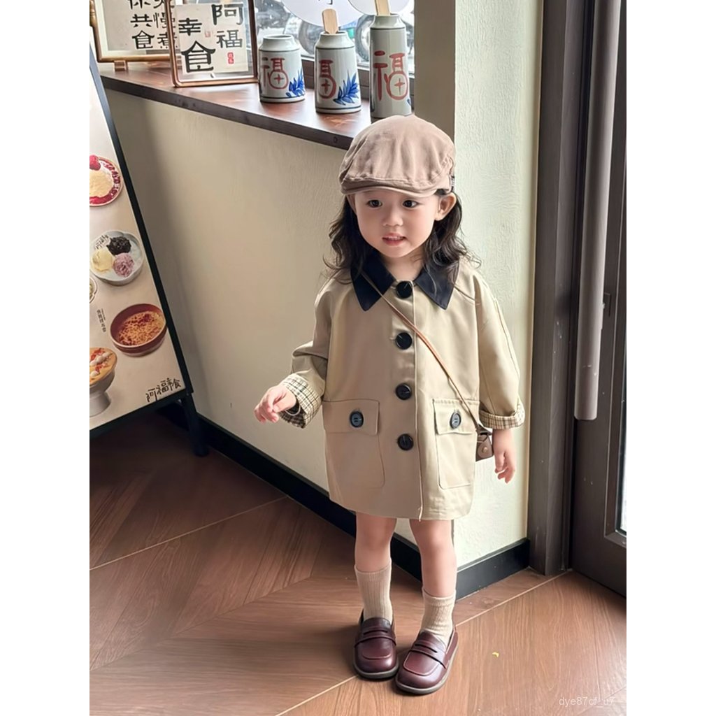 喵咪咪童裝【免運+全店促銷】臺灣出貨 童裝新款女童外套秋季女寶寶複古英倫風翻領中長款風衣小童上衣