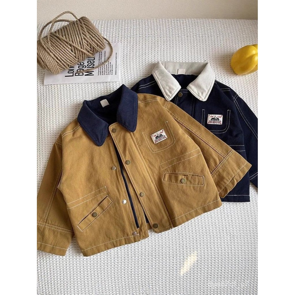 喵咪咪童裝【免運+全店促銷】臺灣出貨 春季兒童棉布外套男童工裝外套中小童夾克衫男孩寶寶翻領上衣