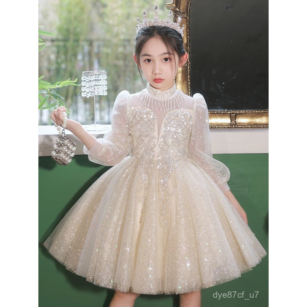 喵咪咪童裝【免運+全店促銷】女童禮服輕奢小衆鋼琴演出服兒童生日公主裙長袖主持人花童婚禮裙