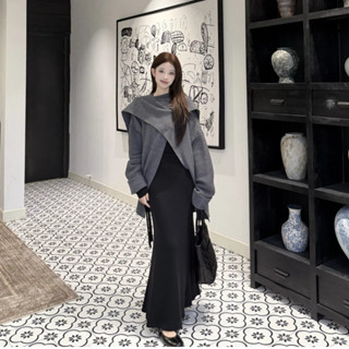 M-4XL 韓系不規則交叉披肩斗篷+黑色魚尾連衣裙套裝 法式慵懶風穿搭 修身V領打底裙 大尺碼女裝 聚會派對 秋冬套裝