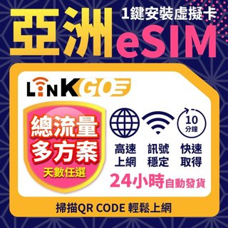 【LinkGO 白鑽卡】亞洲多國家eSIM 總流量 多天多組合方案 5G/4G高速 多電信 日本 菲律賓 首爾 烏茲