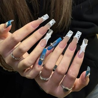 💕加一新創作😍歐美牛仔藍豹紋美甲高級 純手工穿戴甲 甜酷辣妹風美甲法式y2k個性穿戴甲