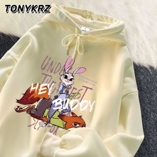 臺灣現貨 瘋狂動物城 帽t女 情侶帽t 韓國帽t 可愛帽t 大學t女 大尺碼女裝 秋冬帽t oversize 連帽大學t