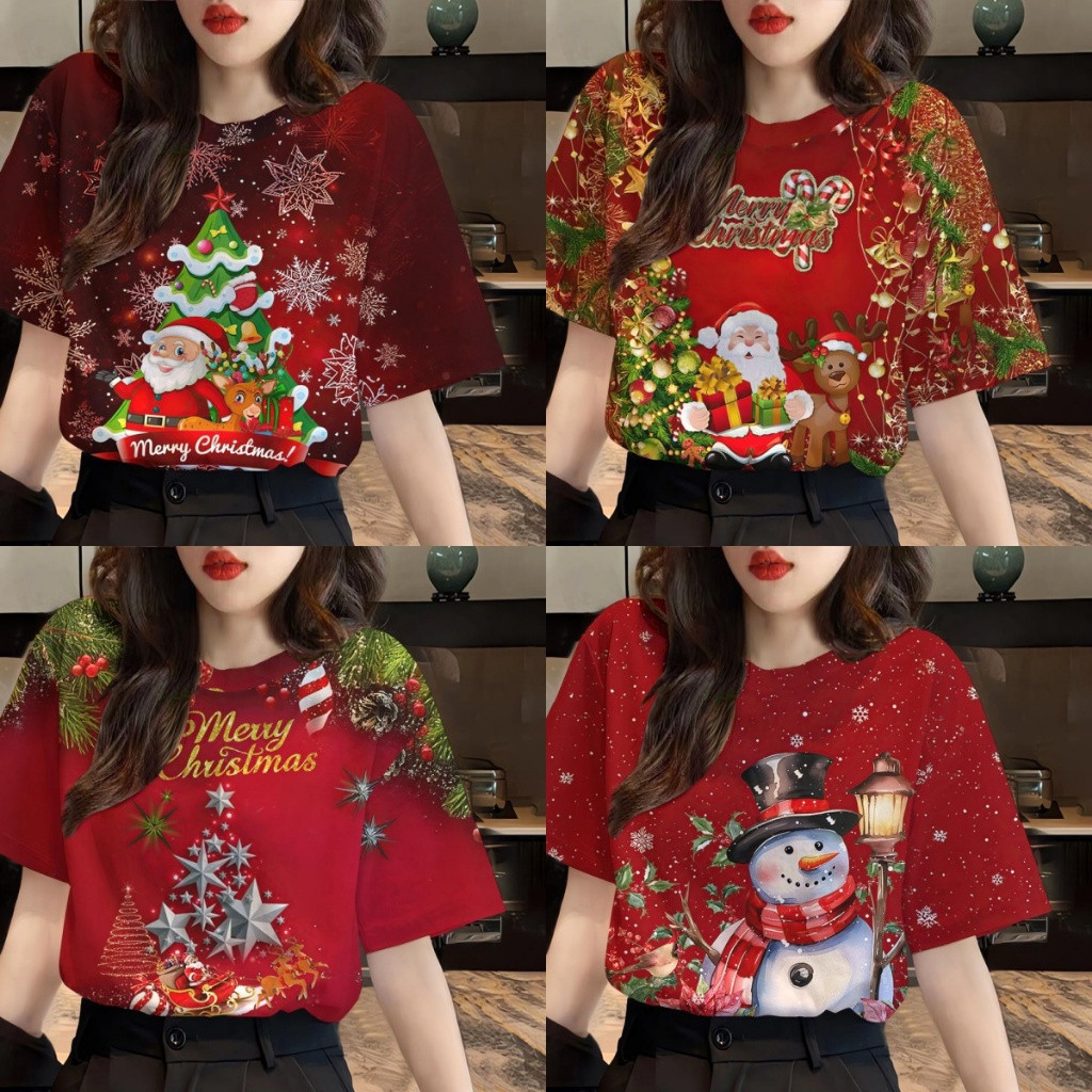 聖誕 T 恤 - 3D 打印聖誕老人短袖上衣 & 樹圖案 | 紅色 & 綠色 | 女士專用 & 