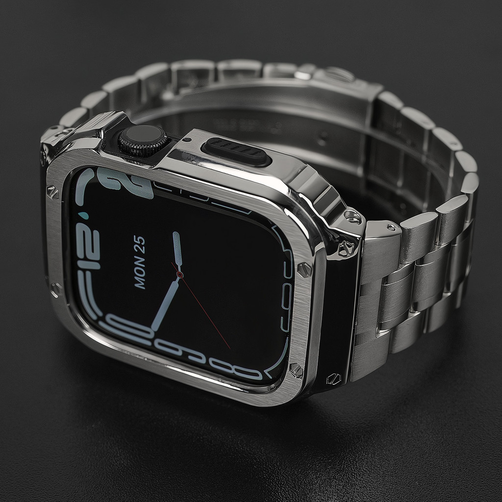 高級套裝 新款不鏽鋼金屬錶帶+鎧甲保護殼 適用於蘋果Watch 10 9 8 ultra 49mm 42/45/46mm
