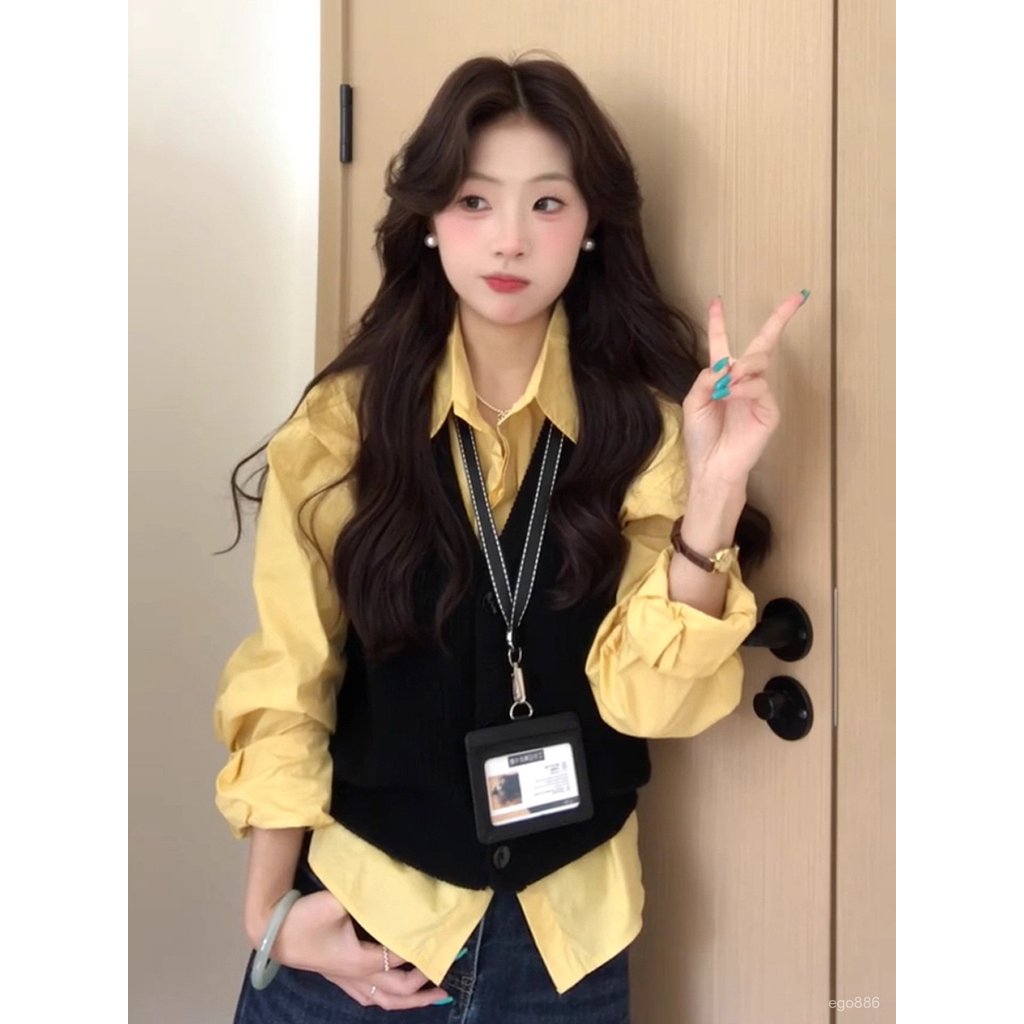 「 臻品🌸優選」 疊穿撞色穿搭長袖襯衫套裝女春秋新款小資襯衫馬甲氣質穿搭兩件套A28 TNO5