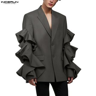 INCERUN 男士 Vintage Couture-Flair 翻領長袖多層荷葉邊鈕扣休閒西裝外套