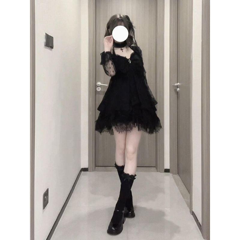 【免運 實拍】見習魔女 夏季新款日系哥特優雅大小姐設計感無袖繫帶花苞連衣裙免運免運