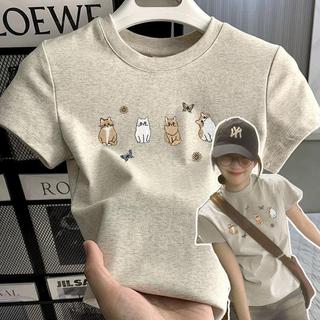 【Sugar】夏季短袖t恤女短袖上衣女生T恤美式復古正肩短袖T恤女藏青色甜辣妹修身顯瘦百搭上衣學生韓版短袖女夏天短袖