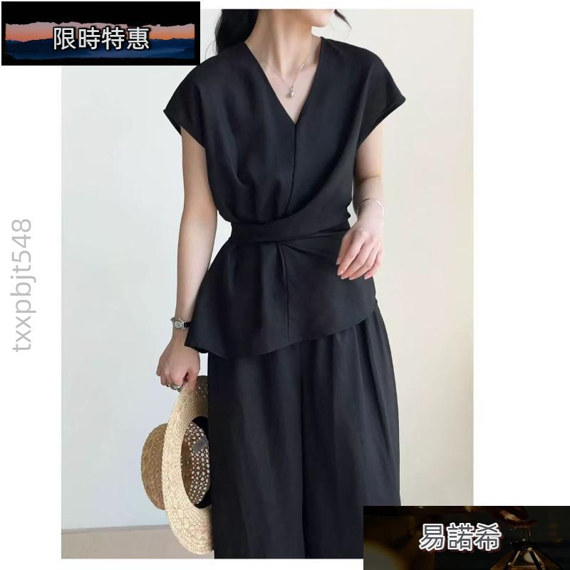 ❤️免運❤️老錢風套裝 小資穿搭 貴氣感千金穿搭套裝夏季時尚綁帶無袖襯衫闊腿褲兩件套老錢風套裝c15