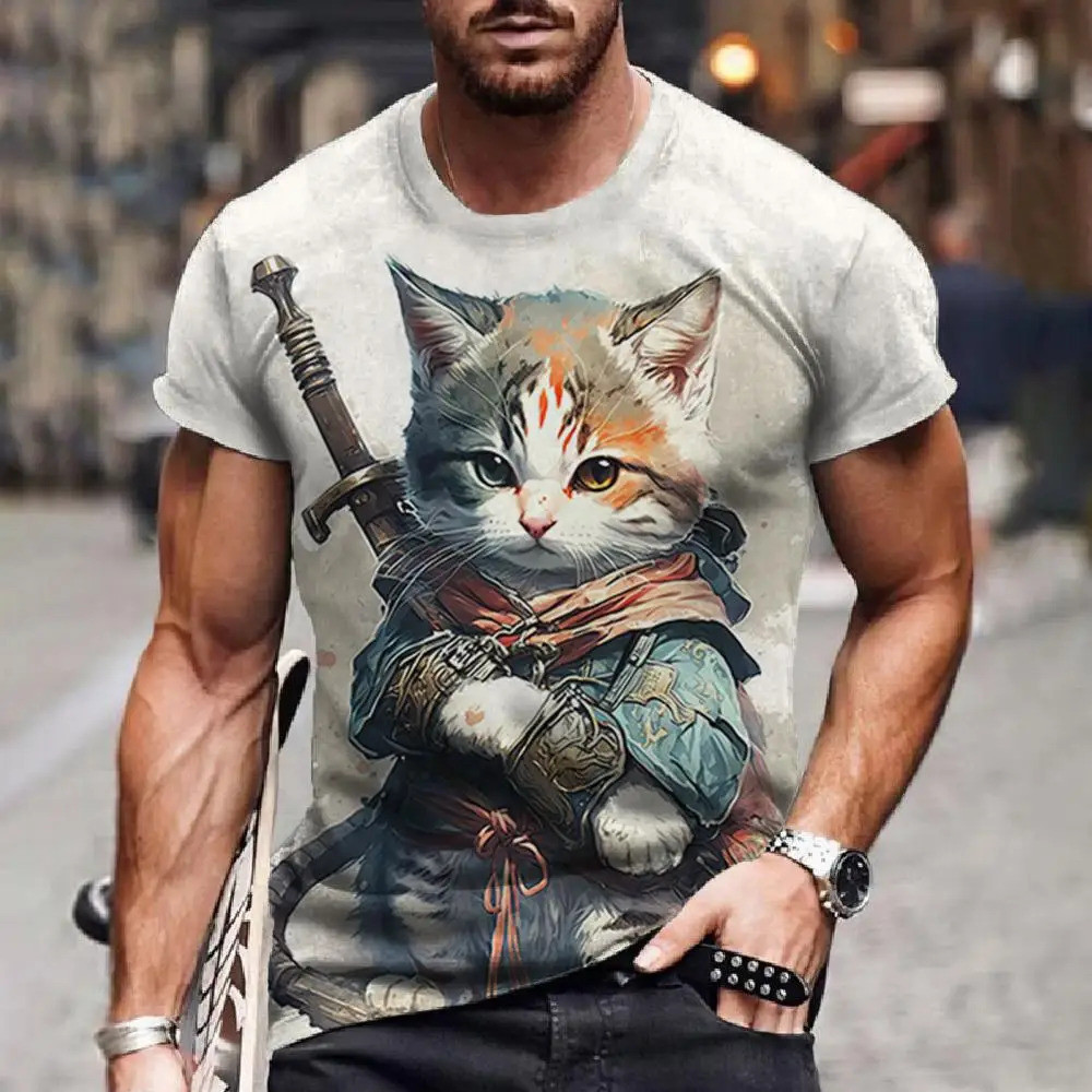 武士貓 T 恤男士 3d 印花短袖新款復古男士 T 恤時尚超大男裝速乾 T 恤上衣 2Z7O