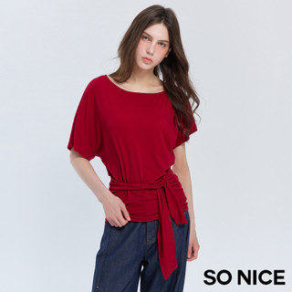 SO NICE 大圓領親膚萊賽爾綁結造型上衣｜紅、黑｜都會時尚女裝【29631035】